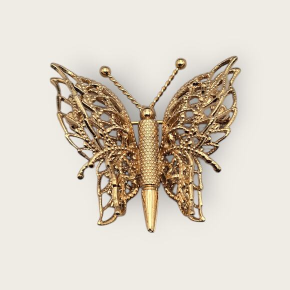 Vintage Monet Gold-Tone Filigree Butterfly Double Wing Brooch - Picture 1 of 7